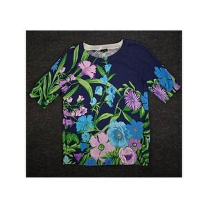 Talbots Women's Navy Blue Floral Print Crew Neck Long Sleeve Sweater Top Size M